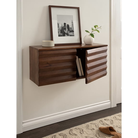 Kate and Laurel Semsa Modern Fluted Two-Door Wall Cabinet, 30 x 10 x 14, Walnut Brown, Decorative Storage Cabinet for Use as Floating Nightstand or Floating TV Shelf