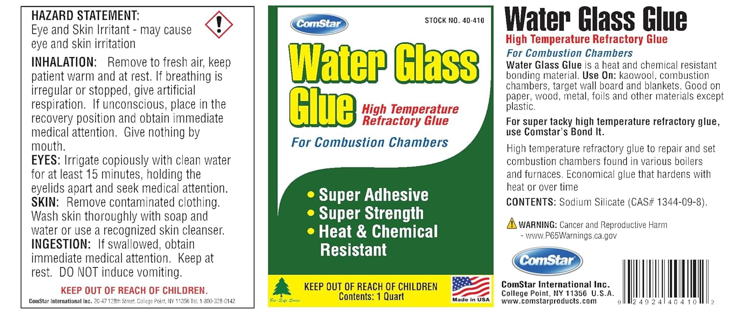 ComStar Water Glass Glue, 1 Quart, High Temperature Combustion Chamber Glue, Super Strong Adhesive for Boilers & Furnaces, Heat & Chemical Resistant, Repairs & Sets Refractory Chambers (40-410)