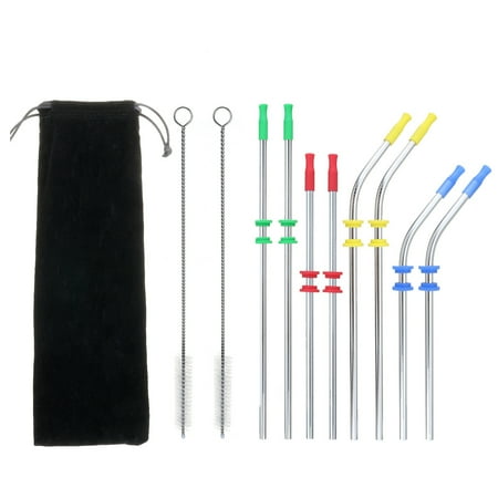 Stainless Steel Oval Silencer - 8 Stainless Steel Straight & Curved Straws with 2 Cleaning Brushes +4 Colors Silicone Silencers Kit - Washable Reusable NON-TOXIC Unbreakable