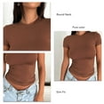 thumbnail image 4 of Women T Shirt Round Neck Slim Fit Pure Color Fashionable Lady Short Sleeve Top for Travel Shopping Work Khaki L, 4 of 7