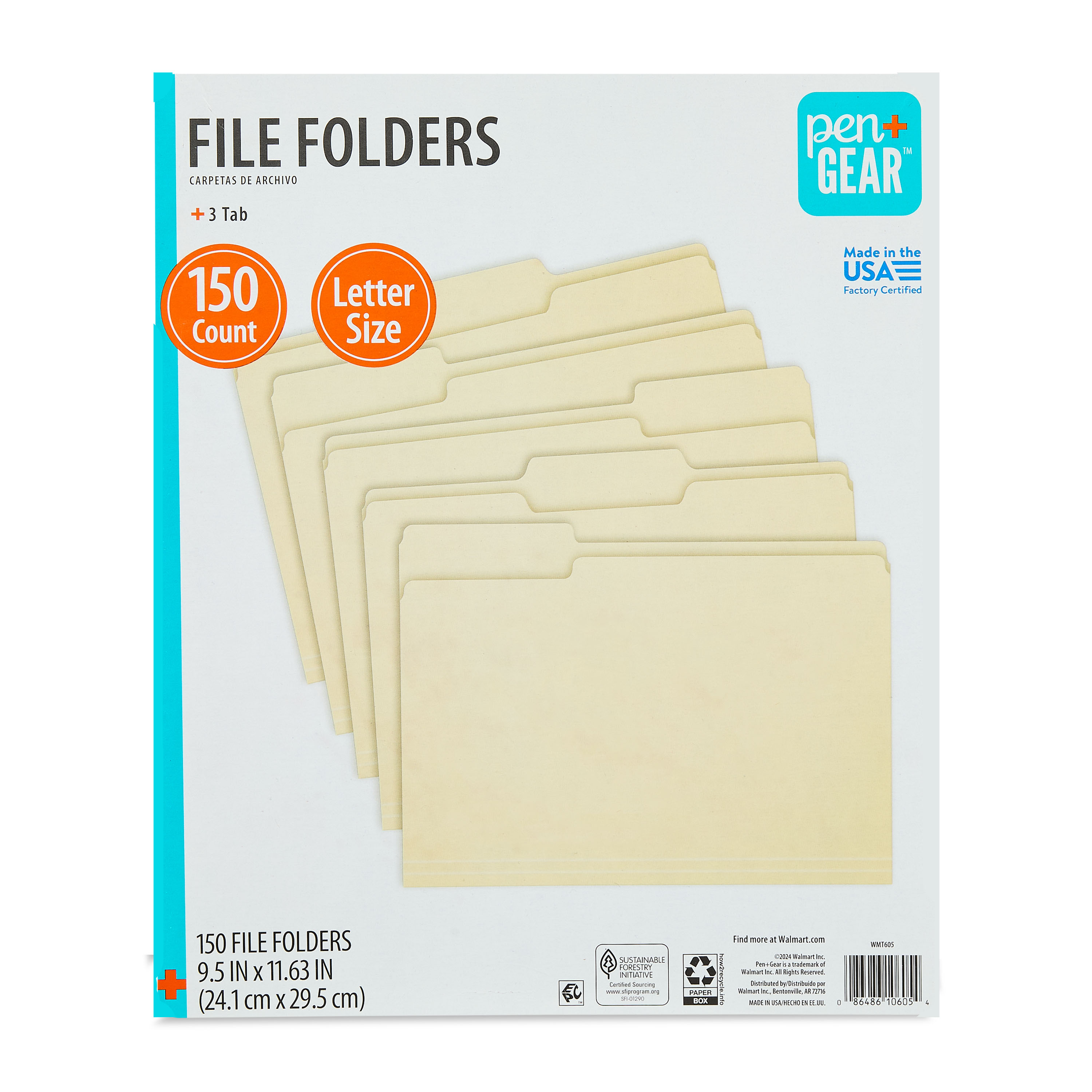 Pen+Gear File Folders, Letter Size, Manila, 1/3 Cut, 150 Count photo 1