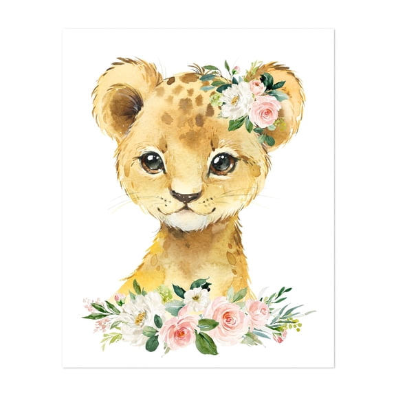 Lion, Jungle Animals, Safari Animals, Pink Flowers, Girl Nursery - Illustration Animal Watercolor Floral Wildlife Whimsical Unframed Wall Art Print 6 x 8 inches