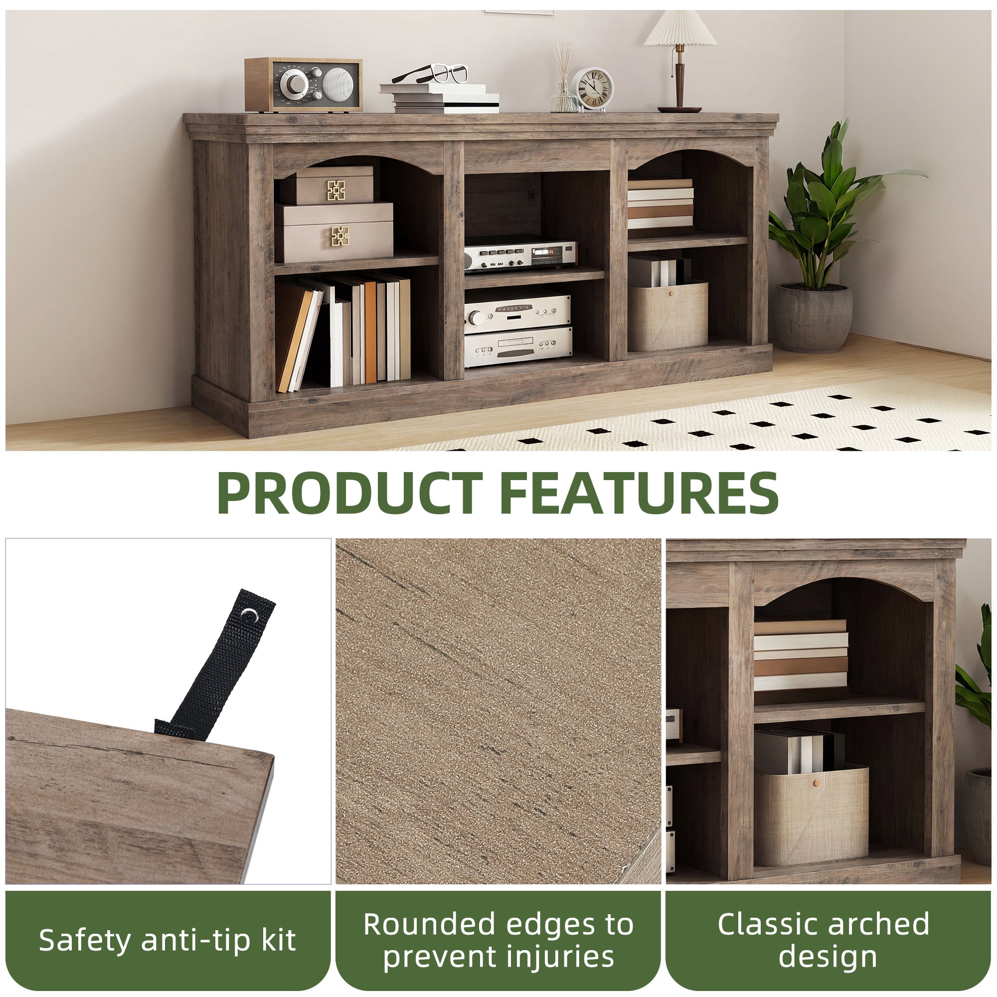 Uforic 59" Washed Grey Farmhouse TV Stand, Adjustable Shelf Entertainment Center for 65 Inch TVs for Living Room, Washed Grey