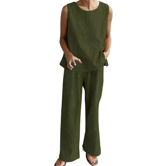 Petite Pant Set Linen Sets For Women Summer 2 Piece Outfits Sleeveless Tank Crop Button Back Top Cropped Wide Leg Pants Set Pockets Two Piece Pants Suits