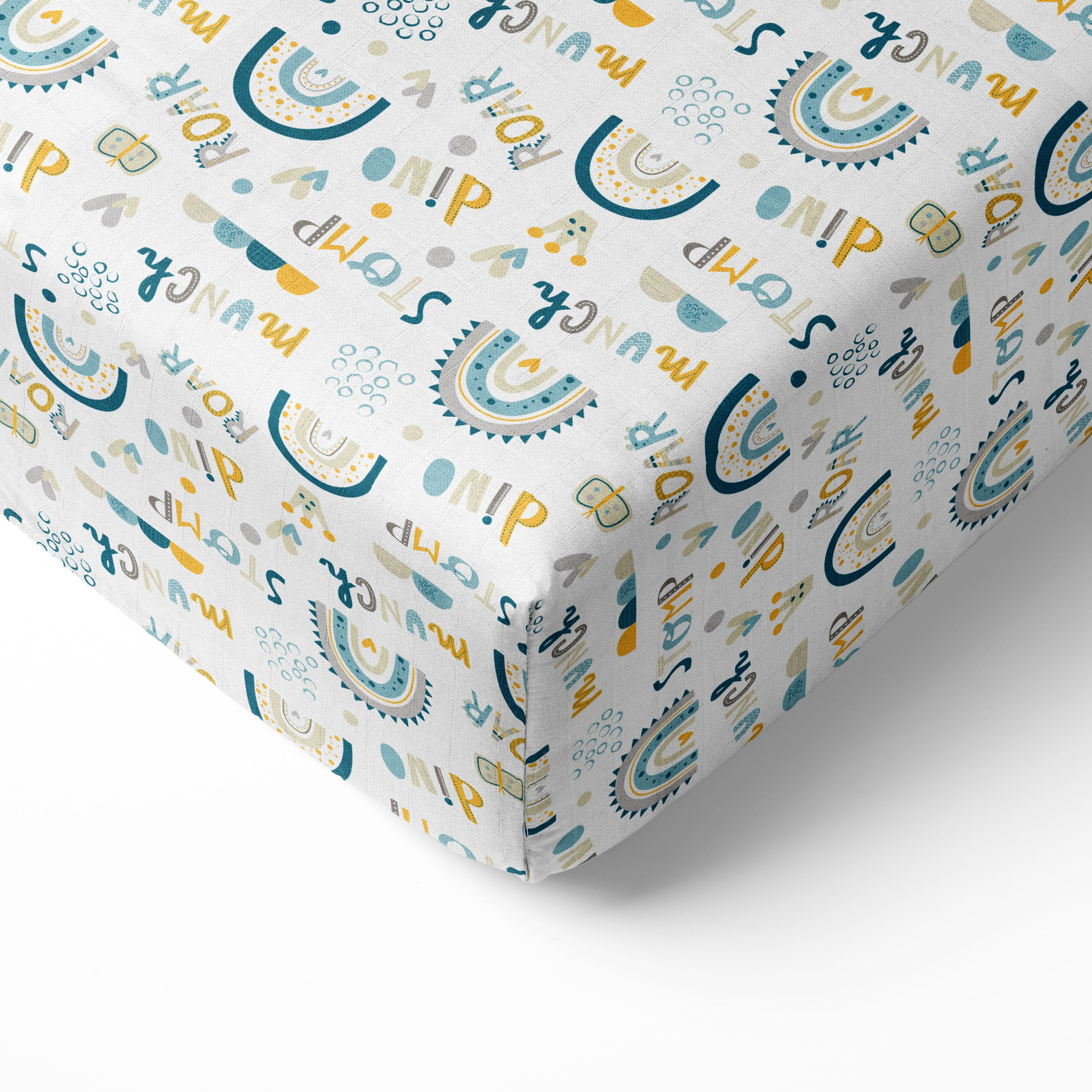 Bacati - Boys 5 pc Toddler Bedding/Sheet Set 100% Cotton Muslin, Little Dino Teal/Yellow/Gray