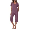 thumbnail image 3 of Feancey Soft Pjs for Women Set Summer Short Sleeve V Neck Pajama and Capri Pant Lounge Sets Solid Color Loose Sleepwear 2 Piece Outfits Funny Gifts Purple XXL, 3 of 10