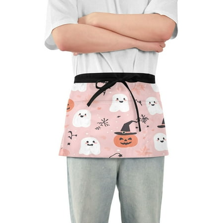 

Yayeee Waist Apron with Pockets for Cooking Waterproof Half Server Aprons Pink Halloween Ghosts
