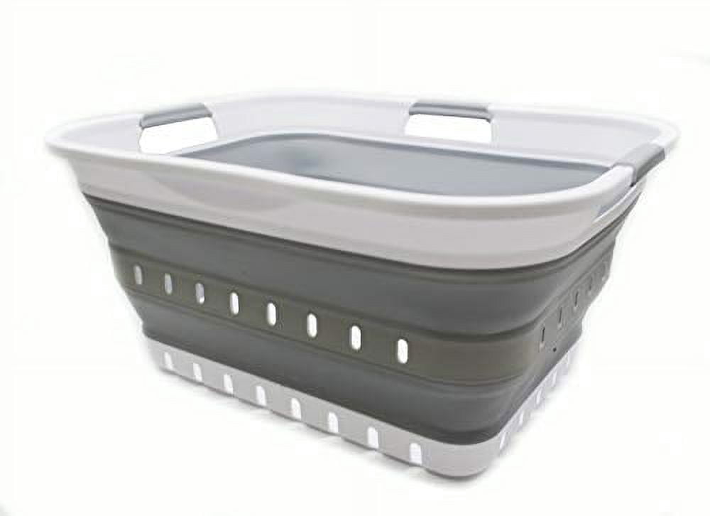 SAMMART 42L (11 gallon) Collapsible Plastic Laundry Basket - Foldable Pop Up Storage Container/Organizer - Space Saving Hamper/Basket (1, White/Grey) C29