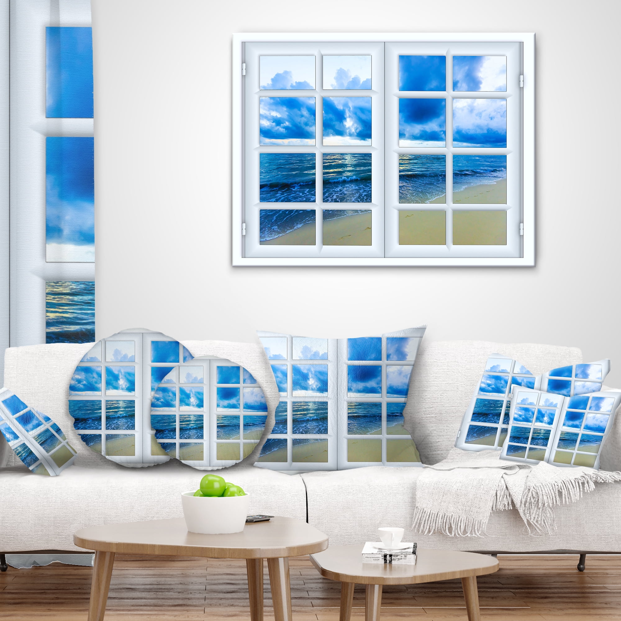 Designart Closed Window to Blue Seascape - Landscape Wall Throw Pillow - 16x16