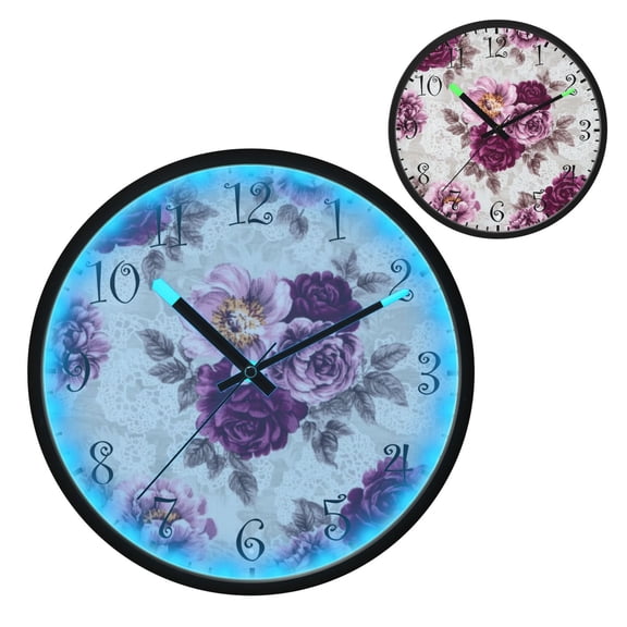 Voice Activated Clock with Glow Light 12 Inch Large Silent Wall Clock Battery Operated for Home Decor Magenta Roses