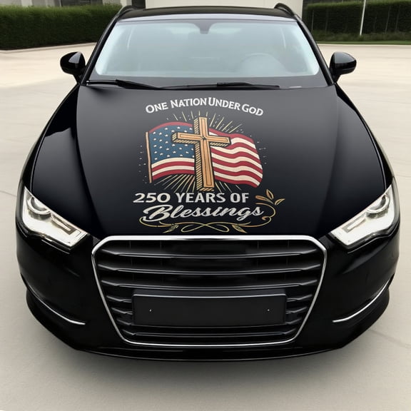 One Nation Under God 250 Years of Blessings Car Hood Decal - Patriotic Cross & American Flag Design for Trucks, SUVs, and Cars