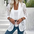 thumbnail image 2 of TTUHYWXI Lightweight Summer Crochet Cardigan for Women Long Sleeve Kimono Boho Open Front Sheer Knit Cardigans (White, L), 2 of 8