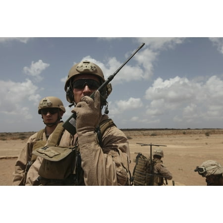 US Marine uses a radio in Djibouti Canvas Art - Stocktrek Images (34 x 23)