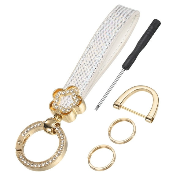 Leather Wristlet Keychain, 5.5 Inch Car Key Chain Holder with Key Ring and D Ring, White