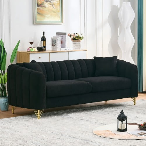 Oversized Chenille Sofa 85" Luxury 3 Seater Deep Couch, Modern Tufted Sofa with Gold Metal Legs for Living Room Apartment, Black