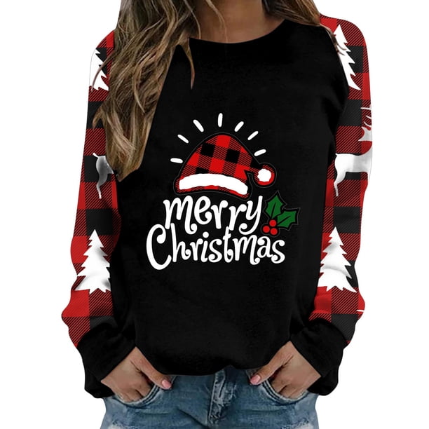 Gibobby Sudadera Navidad para mujer de manga larga con cuello Rojoondo Impreso Gibobby Womens Hoodies Navidad Holiday Fit Pullover Blusa (Negro, L)