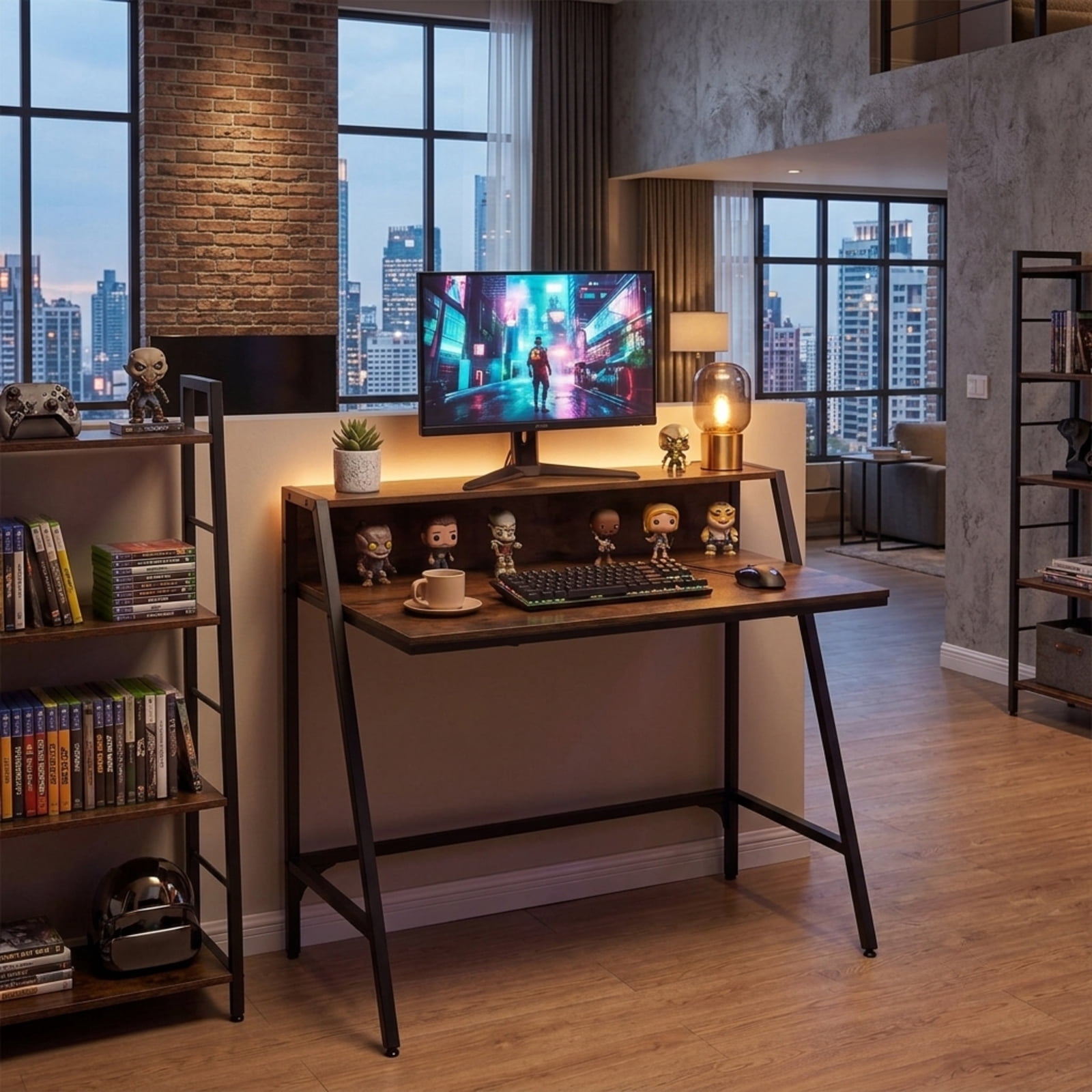 Furnibear Small Desk 31.5 Inch Industrial Writing Desk with Raised Shelf and Metal Frame, Space-Saving Home Office Computer Desk, Rustic Brown