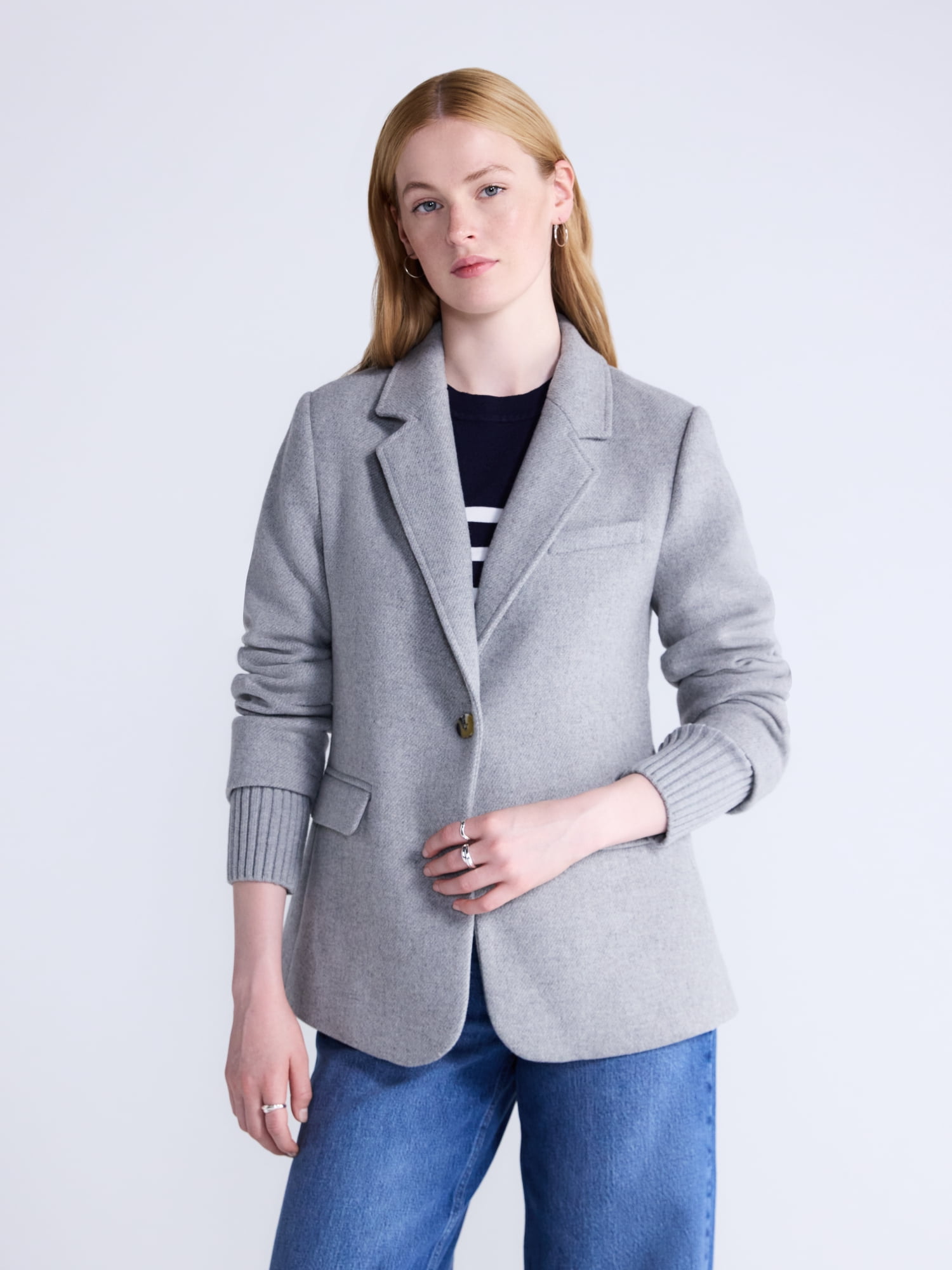 Free Assembly Women's and Women's Plus Single-Breasted Blazer with Ribbed Cuffs, Sizes XS-4X