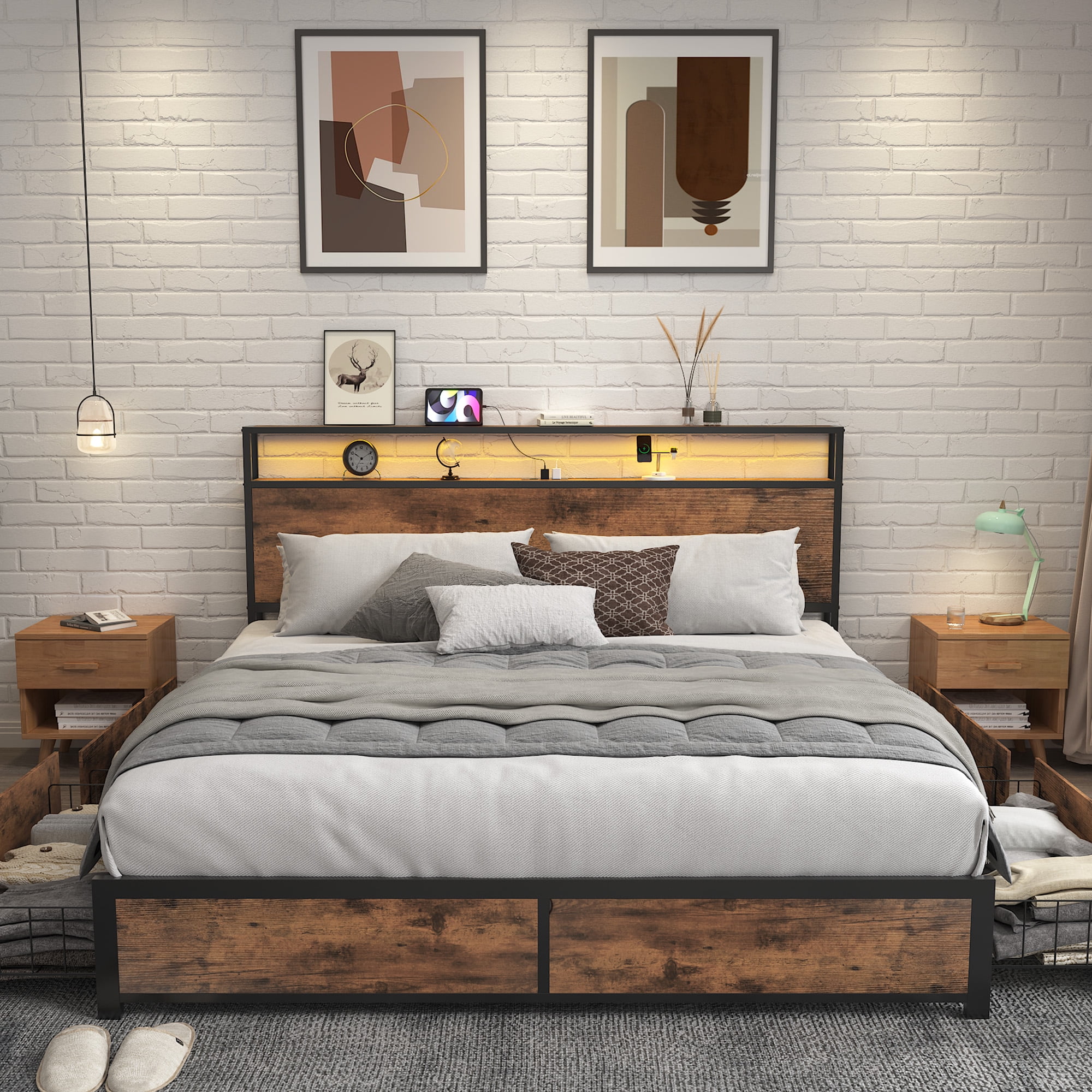 Lifezone Queen Bed Frame with Headboard Platform Bed with Charging Station & LED, 4 Storage Drawers, Metal Support, Vintage Brown