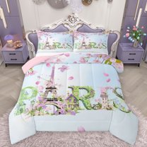 Homewish Paris Eiffel Tower Bedding Comforter Set 2pcs for Teens Adults,Pink Cherry Blossom Twin Comforter Sets Microfiber,Romantic Valentine's Day Breathable Bedding Set,Lightweight Room Decor