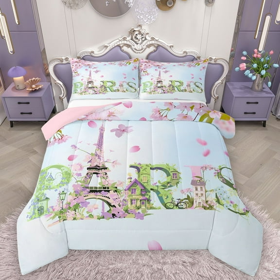 Homewish Paris Eiffel Tower Bedding Comforter Set 2pcs for Teens Adults,Pink Cherry Blossom Twin Comforter Sets Microfiber,Romantic Valentine's Day Breathable Bedding Set,Lightweight Room Decor