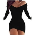 thumbnail image 2 of Fartey Women's Off-Shoulder Bodycon Dress Slim Fit Long Sleeve Ribbed Mini Dresses Soft Comfy Beach Vacation Party Cocktail Dresses Black S-2XL, 2 of 5