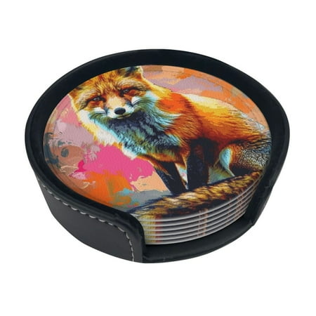 

Colorful fox image Print Coaster Round Leather Coasters with Storage Box for Wine Mugs Cold Drinks and Cups Tabletop