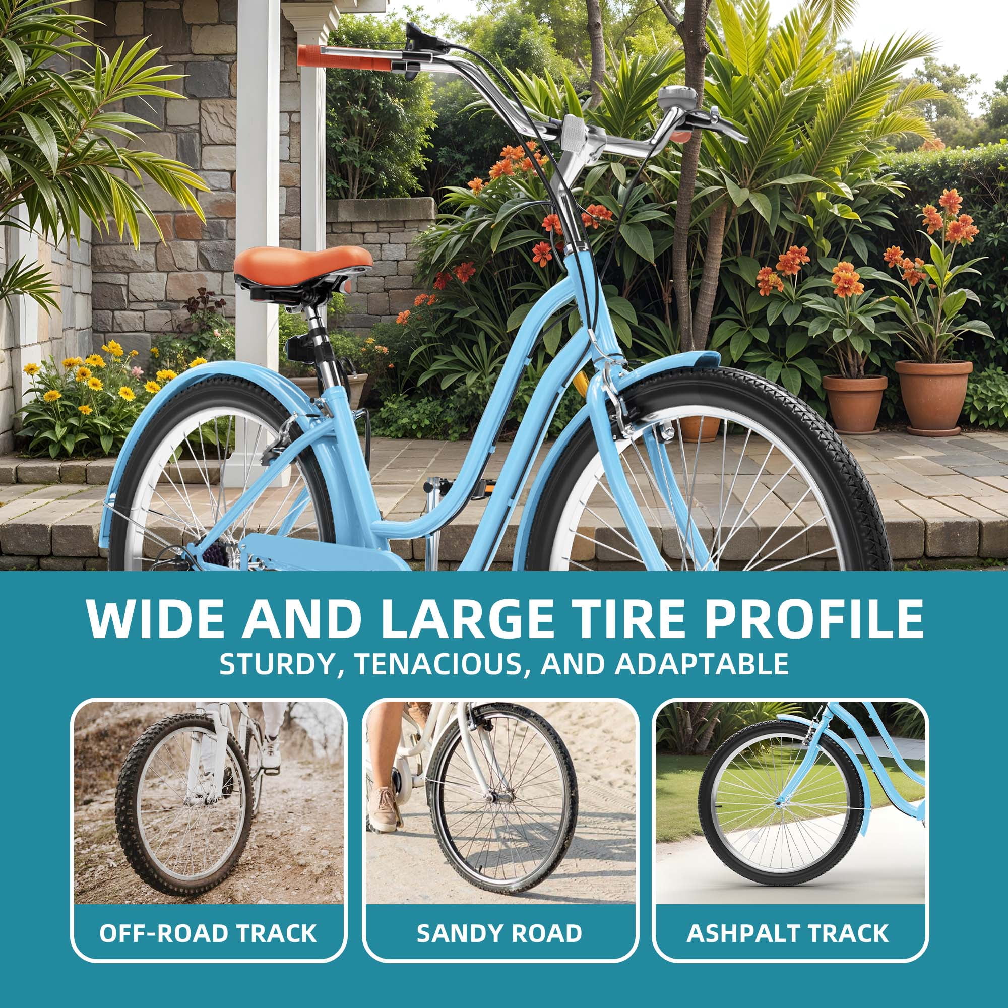 Uforic 26'' Beach Cruiser Bike with 7-Speed, Wide Tires, Adjustable Seat, Fenders, for Adult, Blue