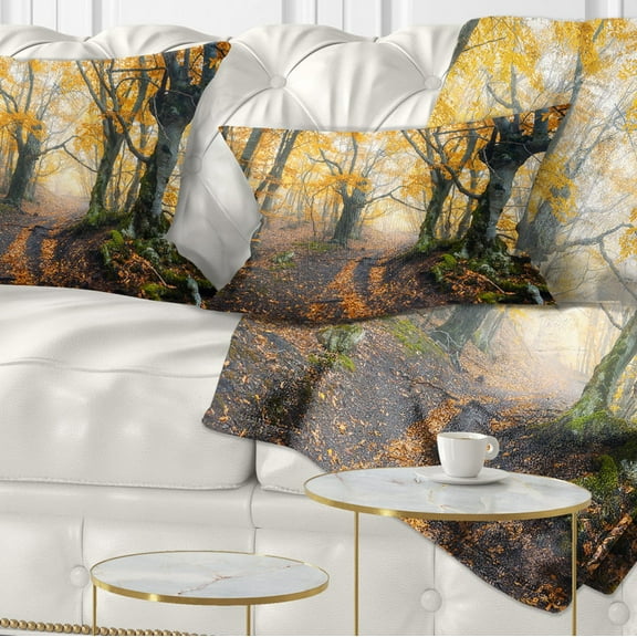 Designart Dark Yellow Old Forest in Fog - Landscape Photography Throw Pillow - 12x20