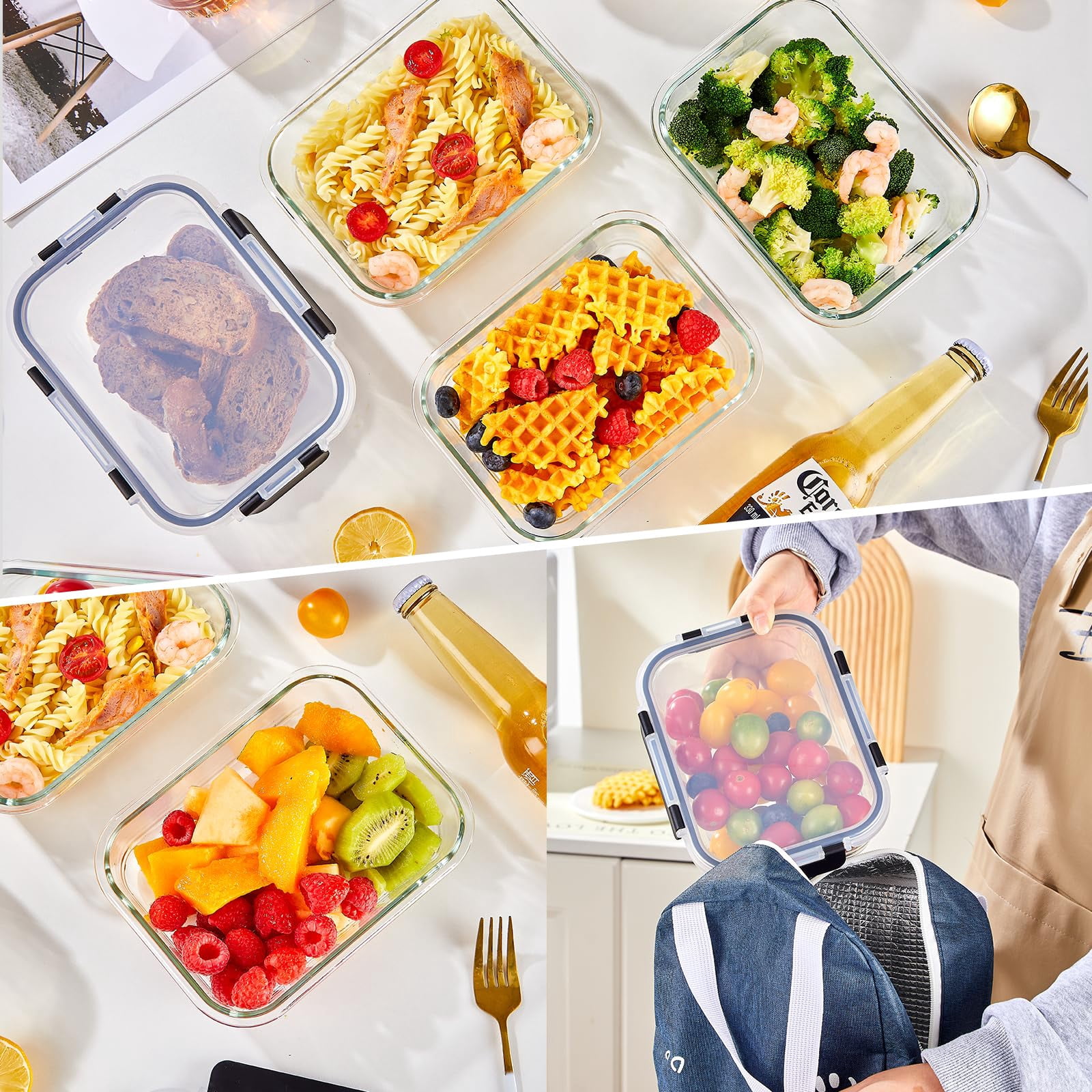 Glass Food Storage Containers with Lids – Airtight Meal Prep Containers, Leak-Proof Locking Bento Boxes for Microwave, Oven, Freezer, Dishwasher, BPA Free