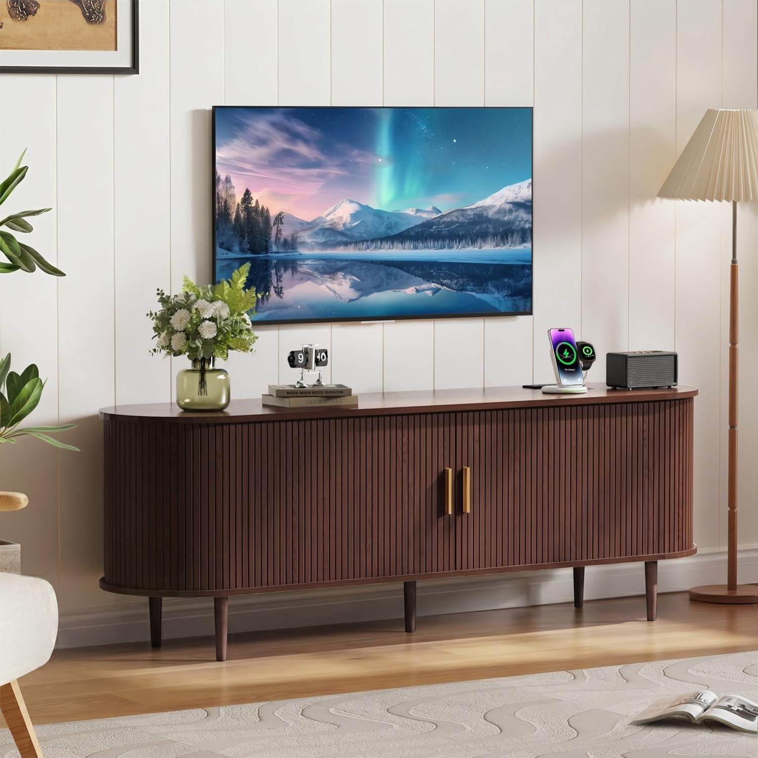 63 Inch Mid-Century Modern TV Stand with Power Outlet and Sliding Doors, Entertainment Center with Adjustable Storage Shelves, for TVs up to 70 Inches, Walnut