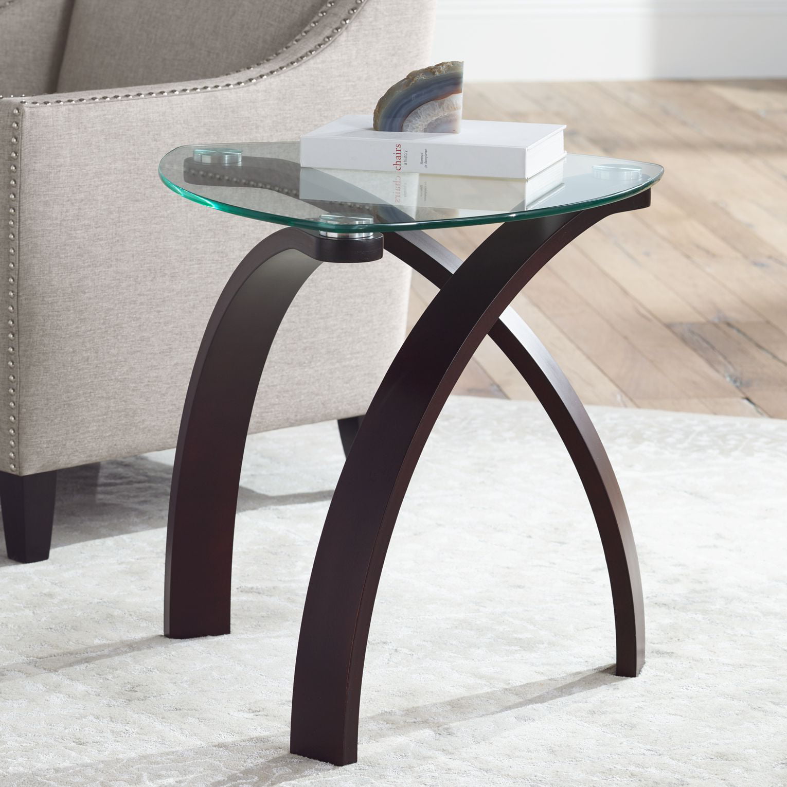 Round End Table Clear Glass Tabletop Lower Shelf Storage Espresso Finish