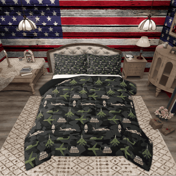 Manfei Camouflage Bedding Sets Queen with Comforter for Teens, Fighter Jet Duvet Insert, Rocket Reversible Comforter Sets Queen Size, Ultra Soft Room Decor, 3pcs