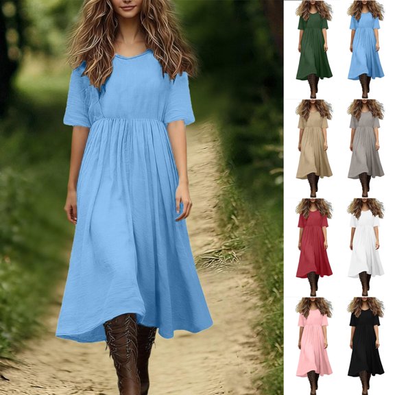 Smsaxvxz Summer Cotton Line Dresses for Women Fashion Solid Round Neck Short Sleeve Elastic Waist Sundress Casual Loose Long Maxi Dress Light Blue XL
