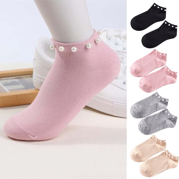 Dengjunhu Women's Solid Color Faux Pearl Beading Breathable Cotton Low Cut Ankle Socks