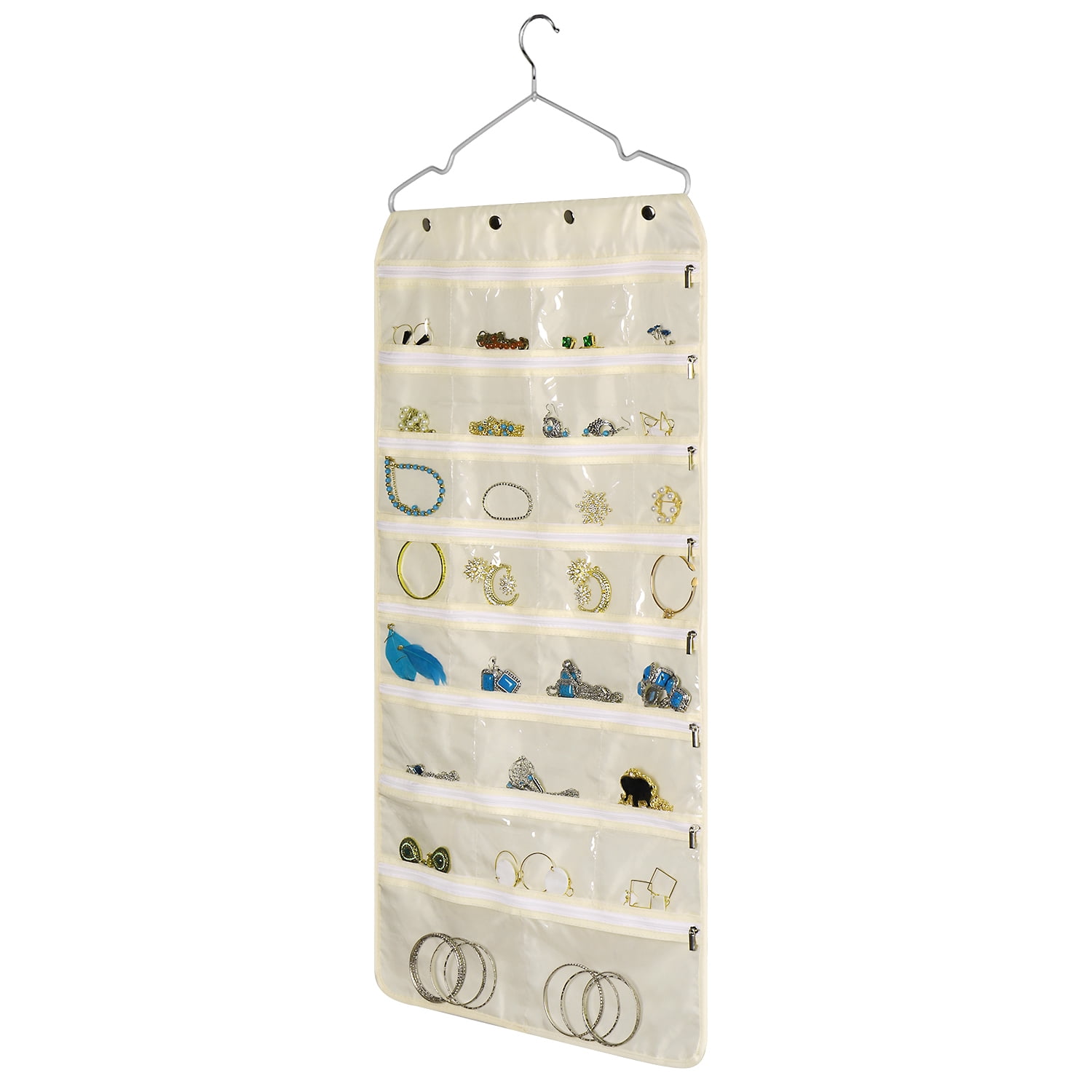 Flexzion Hanging Jewellry Organiser - 1 Pack Beige 56 Pockets with Zipper Dual Side Foldable Non-Woven Fabric Bag Earring Storage Clear Display Holder w/Hook for Necklace Bracelet Ring Accessories 