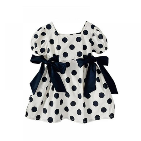 

Toddler Little Girls Polka Dot Bow Dress Short Sleeve Tutu Party Dresses Classic Black&White 1-7 Years