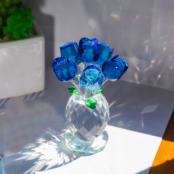 Crystal Blue Rose Flower Glass Flowers Decoration Birthday Gifts for Women Girl Wife Girlfriend Daughter Christmas Ornament Bouquet Collectible for Valentine's Day Wedding Anniversary (Blue Rose)