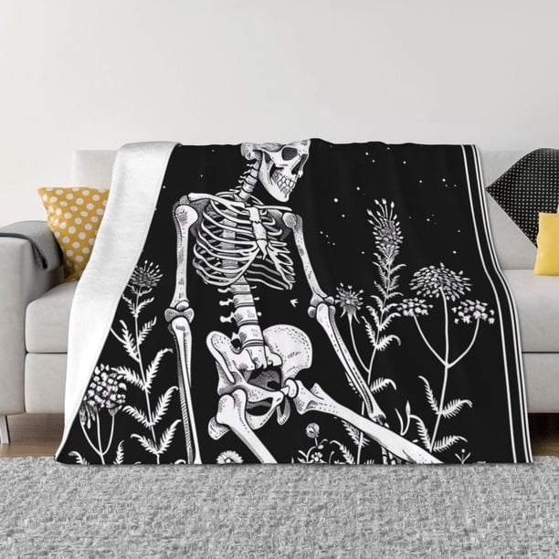 Balery Vintage Black white Plant skull Manta de Franela con Dibujo, Lujo Ultra Suave y Cálido, Antipelusa y Resistente a las Arrugas para Cama, Sofá, Camping -80"x60"