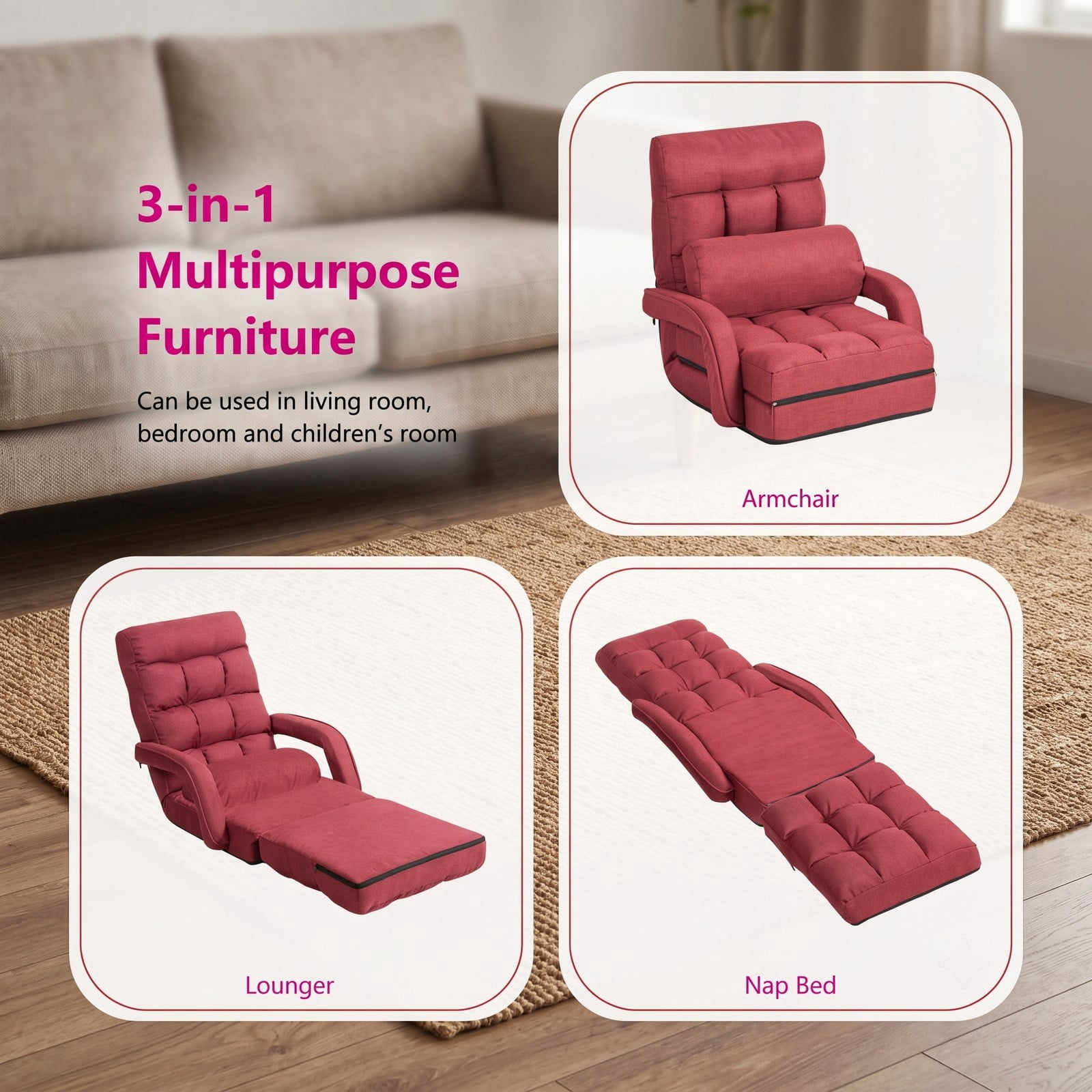 Furnibear Folding Lazy Floor Chair Sofa with Armrests and Lumbar Pillow, 6-Position Adjustable Padded Gaming Meditation Recliner for Living Room Bedroom, Red