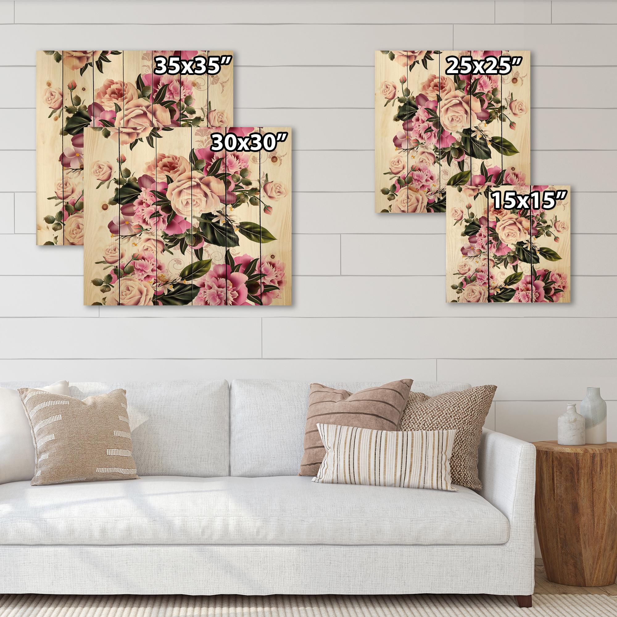 Designart 'Peony Vintage Flowers' Traditional Print on Natural Pine Wood