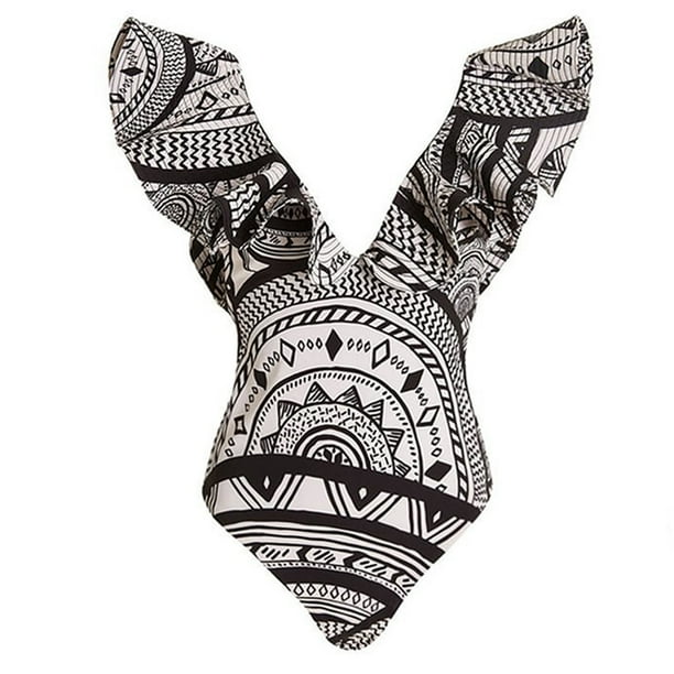 Gibobby Trajes de Natación para Mujer Traje de baño con hombros descubiertos y volantes en forma de V para mujer(Negro,M)