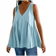 thumbnail image 2 of Womens Babydoll Tops Summer 2024 Trendy Pleated Flowy V Neck Tank Tops Loose Fit Cute Casual Sleeveless Tee Shirts (S, Light Blue) Summer Savings Deals Clearance, 2 of 6