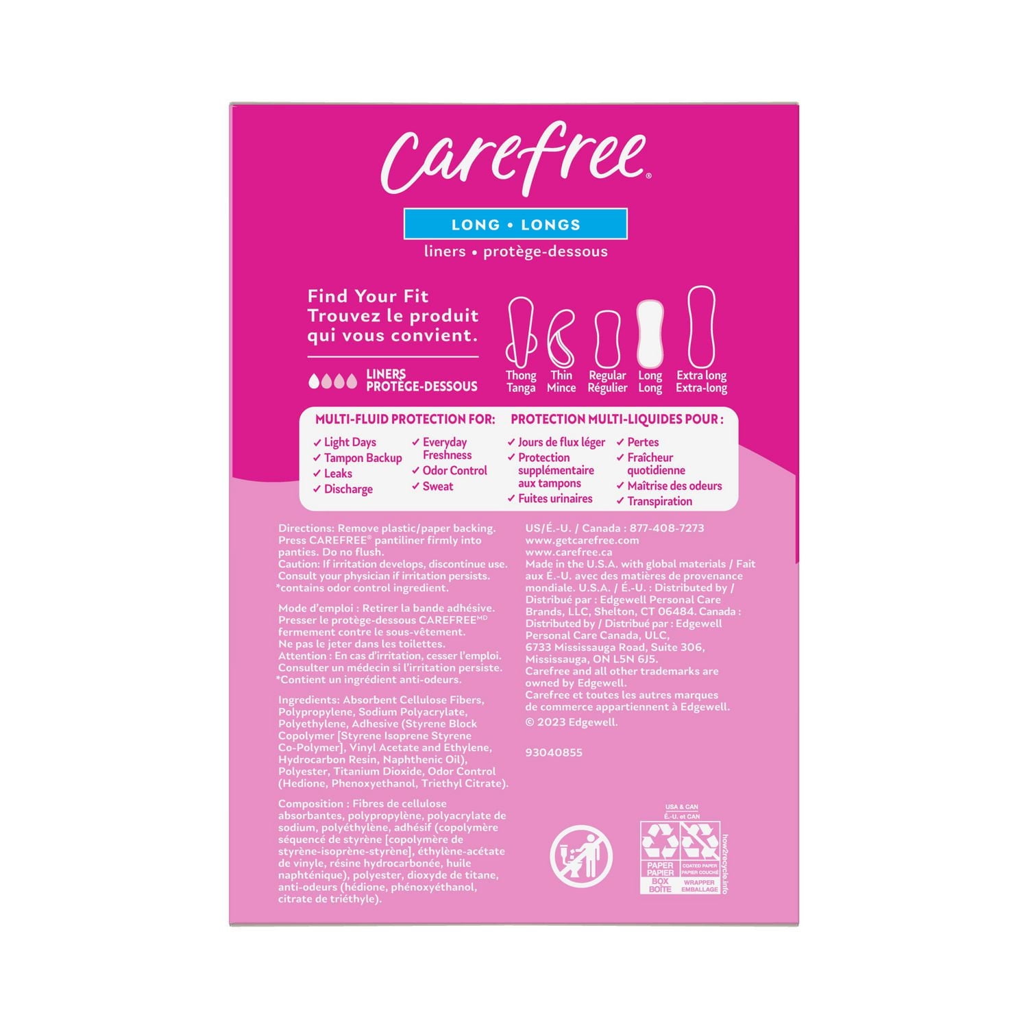 Carefree Acti-Fresh Body Shape Panty Liners Long Pack of 92 Liners, 92 Panty Liners