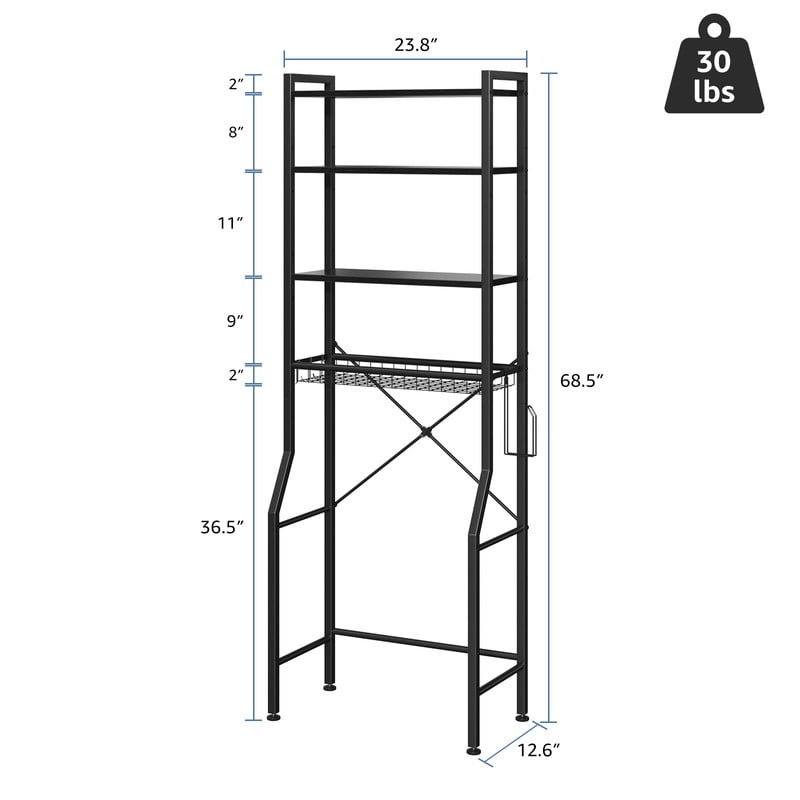 Gianna Over Toilet Bathroom Organizer, 4-Tier Adjustable Storage Rack, Space-Saving Shelf for Tight Areas, Black