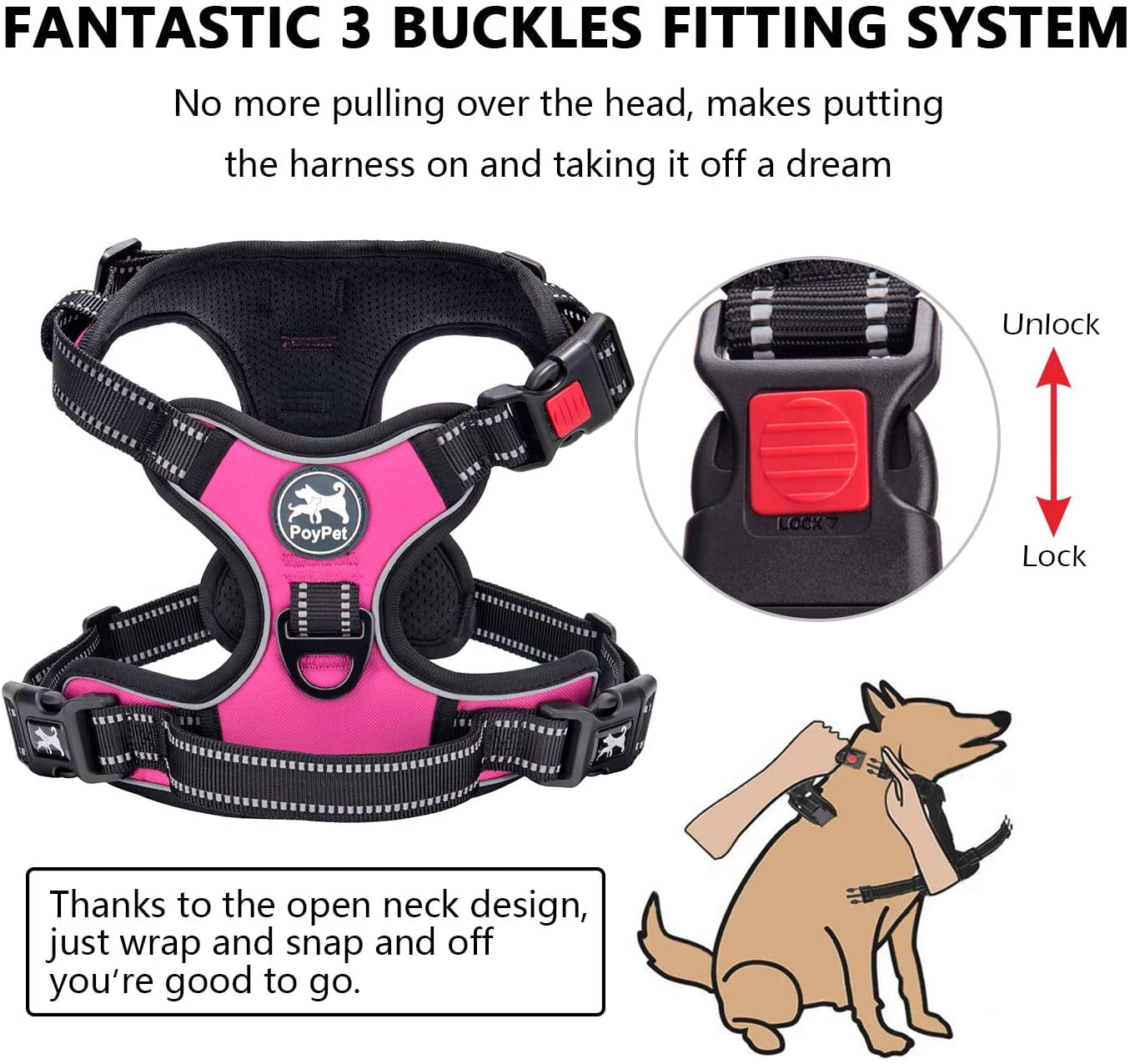 No Pull Dog Harness, No Choke Front Lead Dog Reflective Harness, Adjustable Soft Padded Pet Vest with Easy Control Handle for Small to Large Dogs(Pink, Medium)