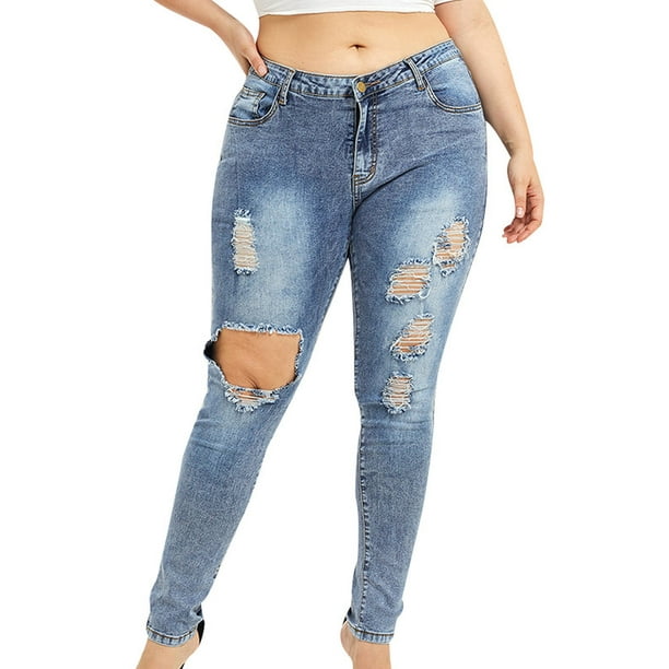 Scvgkk - Scvgkk Women's Plus Size Casual Holes Solid Color Jeans Pants ...