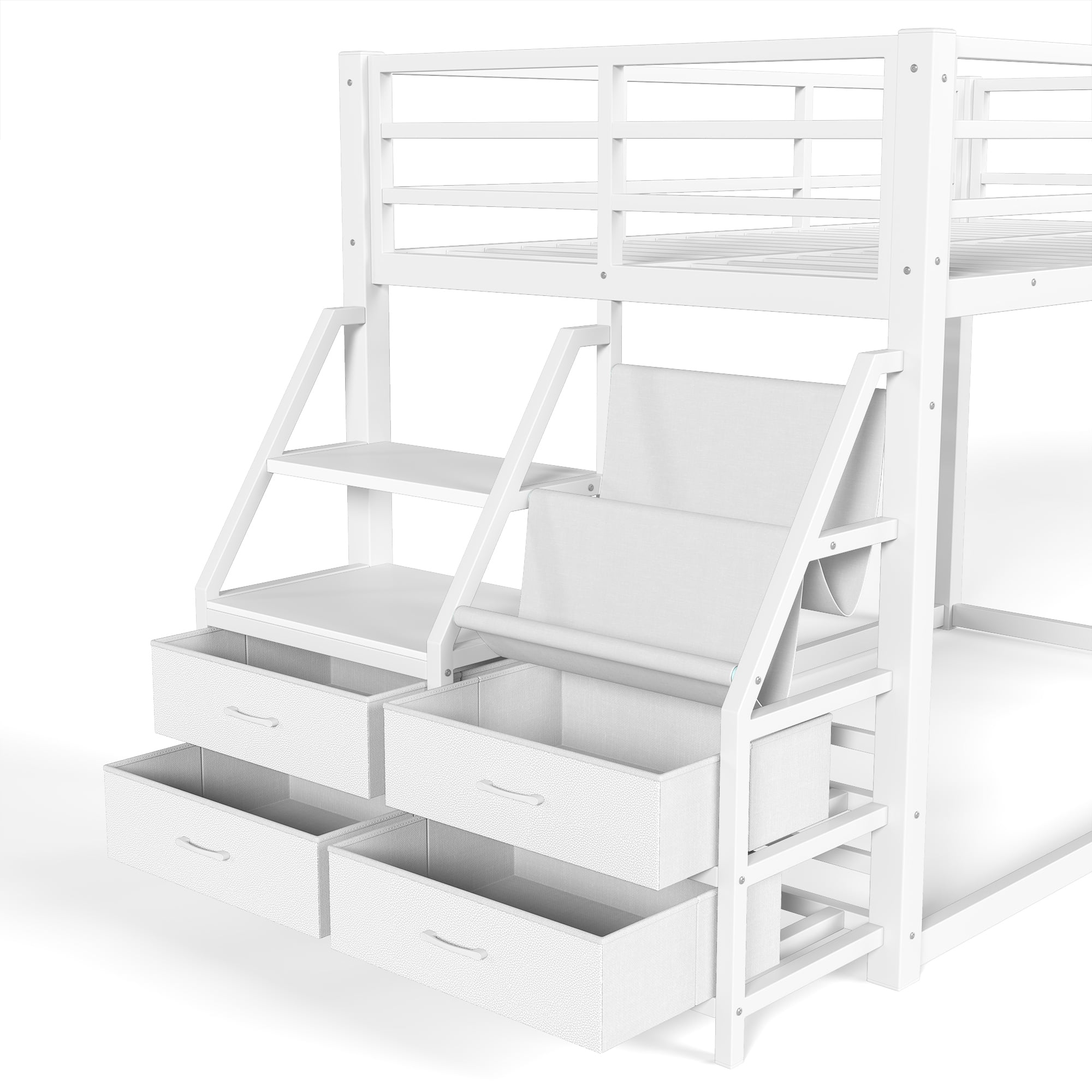 Leumius Metal Bunk Bed Twin over Twin with Storage Shelves and Drawers,Metal Bunk Bed Frame with LED Lights,No Box Spring Need,White