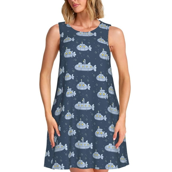 Saiise Submarine With Periscope Pattern Summer Dresses for Women Beac Sleeveless Vintage Floral Flowy Pocket Tshirt Tank Sundresses
