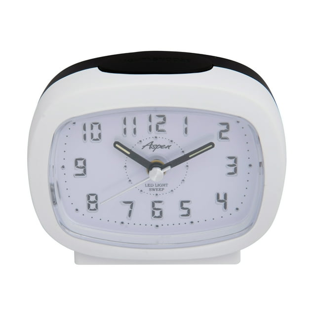 Aspen Analog Alarm Clock with Snooze & Blue LED Lighted Numbers - No Ticking Sound & Easy-to-Read Desk & Bedside Alarm Clock - Battery Operated, Retro Clock - Rectangle - White